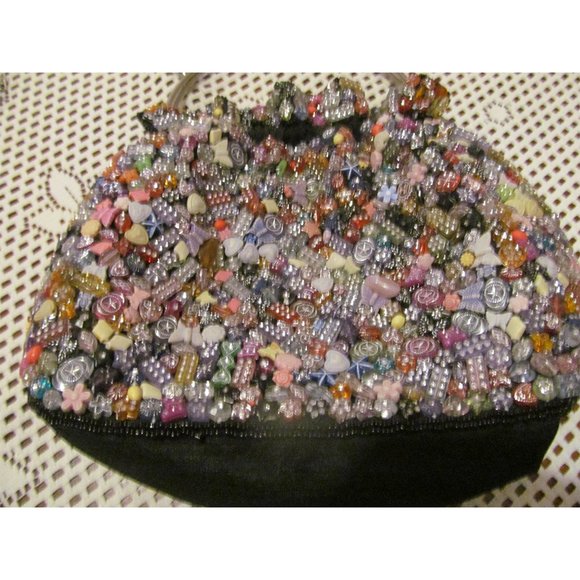 Retro Vintage LA VIOLA Black Satin & Beading Evening Clutch/Purse/Hand Bag - Picture 1 of 10